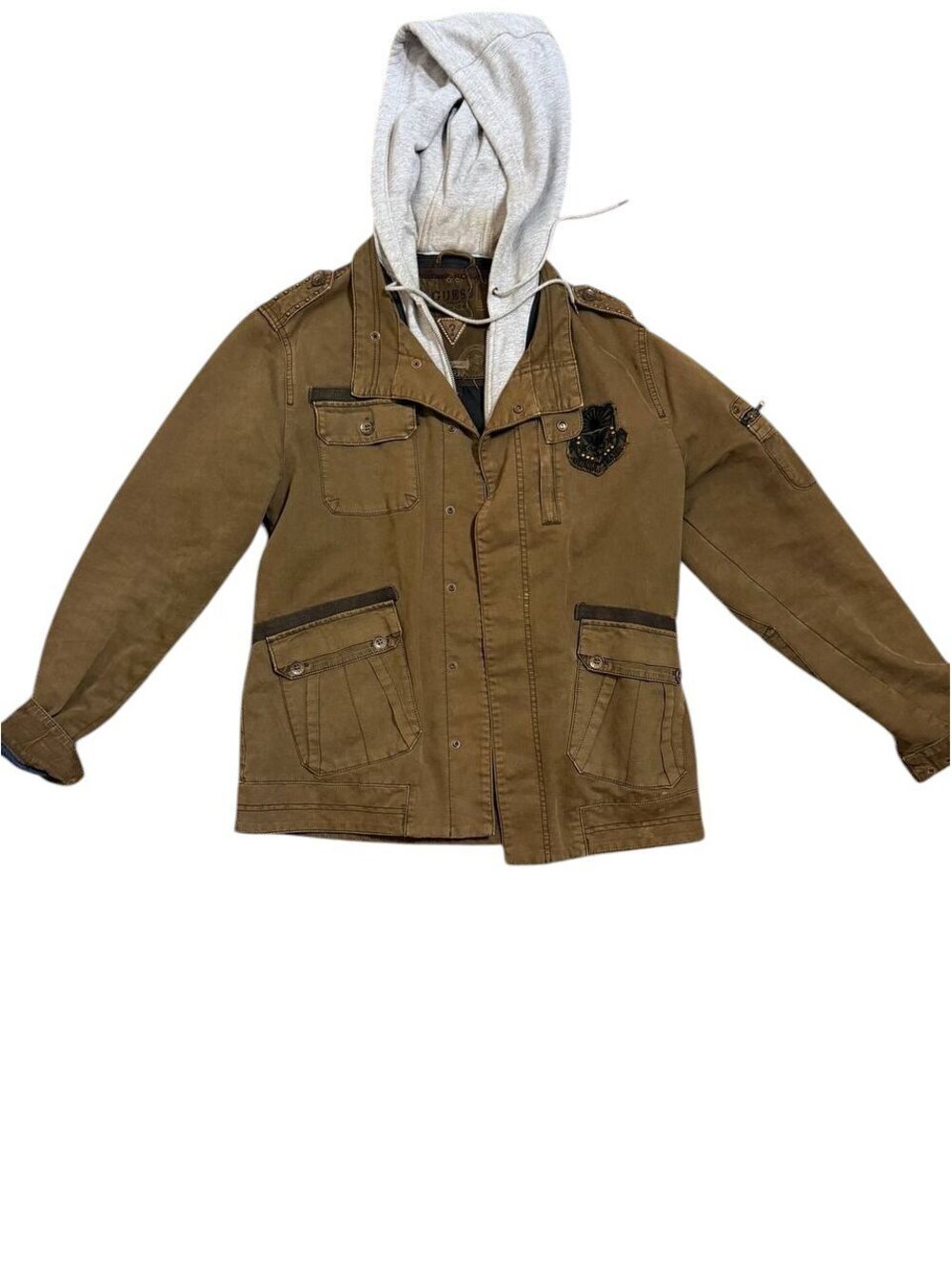 Y2K Guess Military Field Jacket Hooded Mens L Olive Grunge